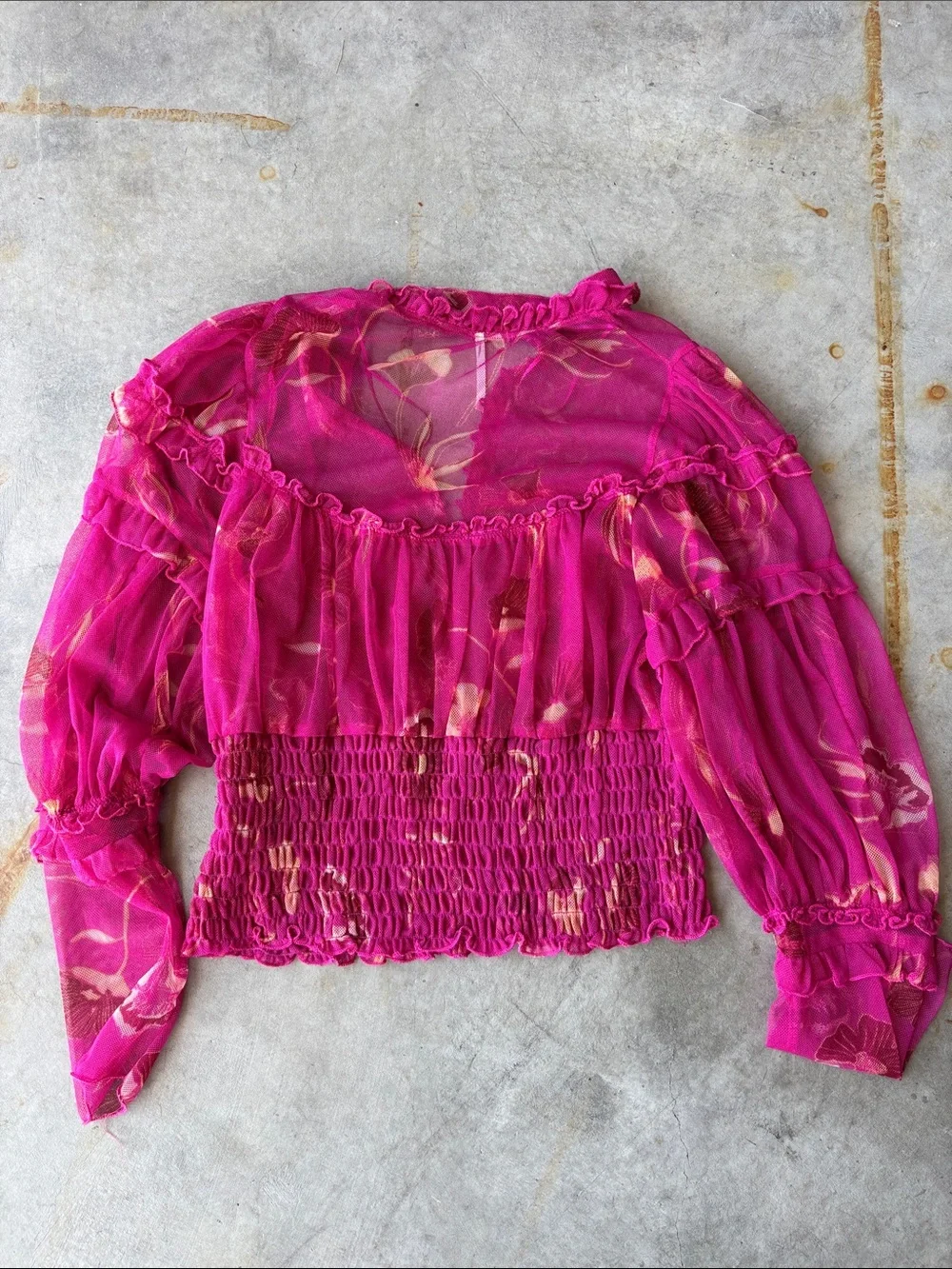 Free People Fuchsia Floral Mesh Smocked Peasant Top Boho Fairycore Y2K size M